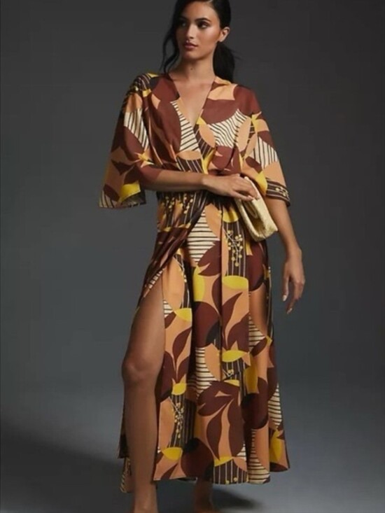 Hutch Dresses & Skirts - Hutch Anthropologie Abstract Brown Yellow Wrap Maxi Dress Kimono Sleeve Size Sma